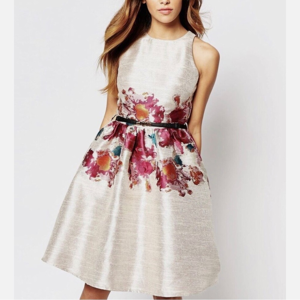 Little Mistress Skater Dress with Abstract Floral Print Waist by ASOS